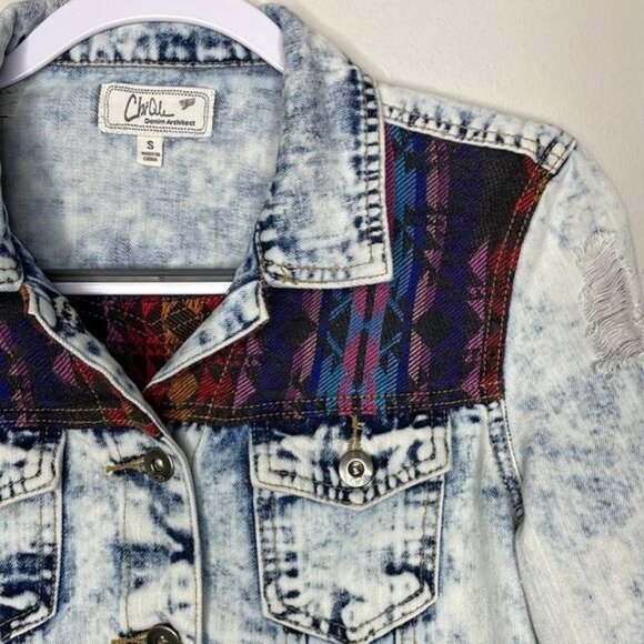 ChiQle Denim Small Distressed White Wash Multicolor Southwestern Jean Jacket - Picture 5 of 14